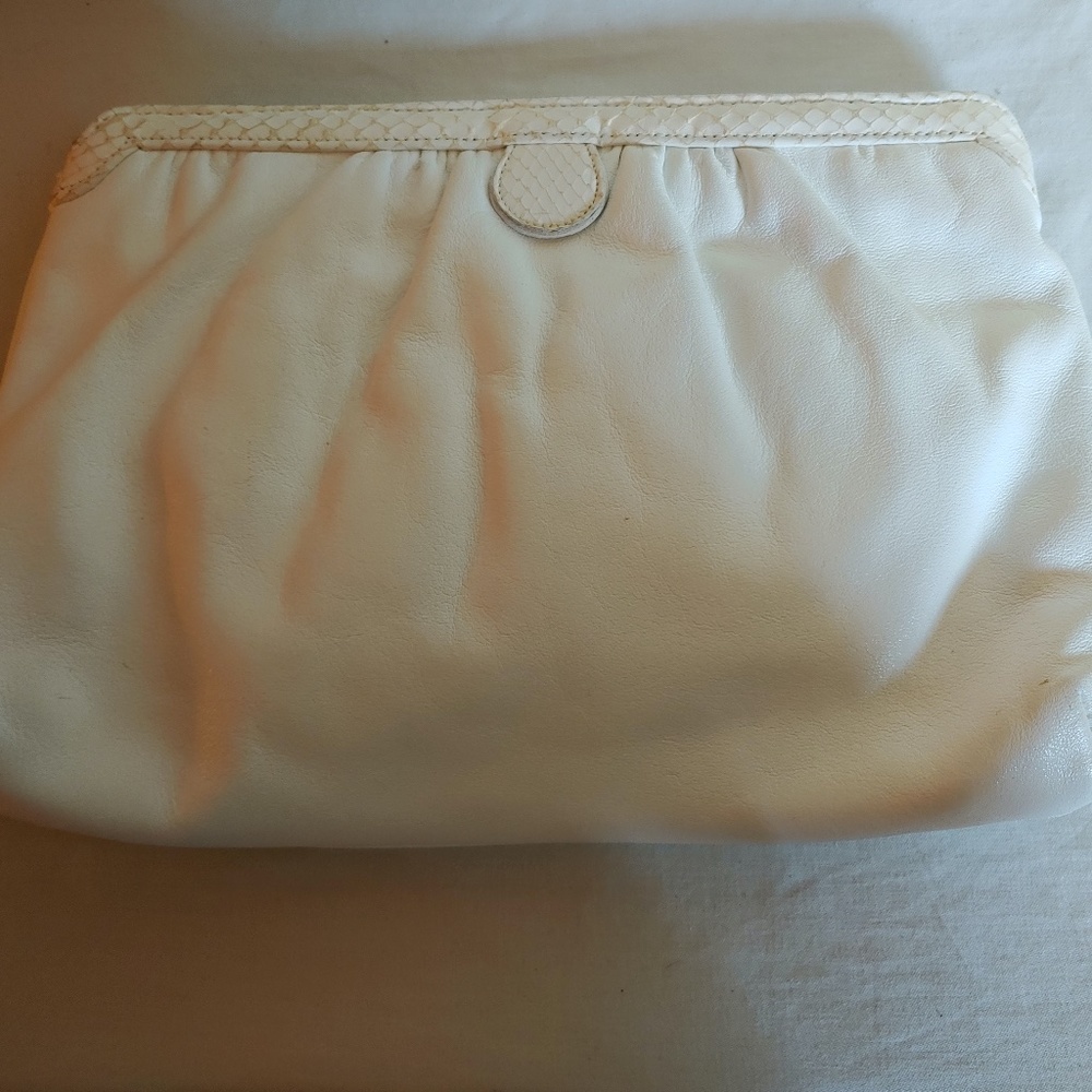 Faux Lizard Trim Leather White Clutch Bag